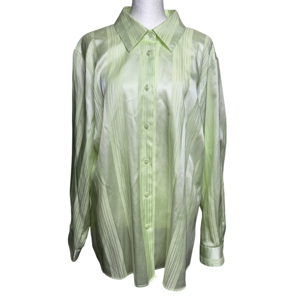 FOXCROFT 18W Blouse Lime Green Striped Satin Button Down Shirt Career Plus Size